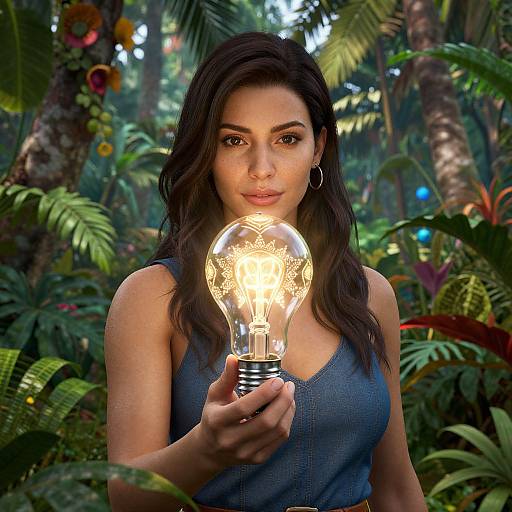 Photograph of a brunette woman with wavy hair, wearing a blue tank top, holding a glowing light bulb in a lush, tropical jungle.