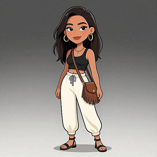 Digital cartoon of a confident, smiling, brown-skinned woman with long black hair, wearing a black tank top, white pants, and sandals, carrying