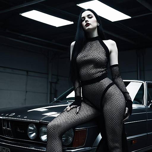 Gothic Fashion Model Posing on Classic Car