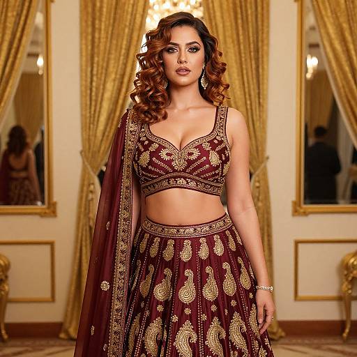 Photograph of a curvy woman with curly brown hair, wearing a maroon and gold embroidered traditional outfit, standing in an opulent room with gold