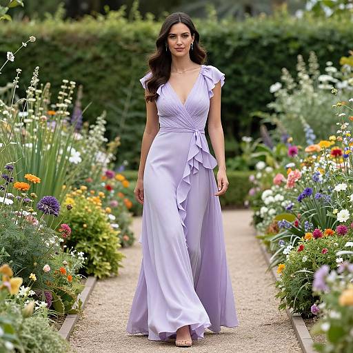 Photograph of a brunette woman with wavy hair in a lavender, V-neck, ruched gown walking through a vibrant, flower-filled garden path