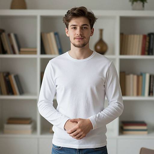 Photograph of a handsome young man with dark hair, light skin, and a trimmed beard, wearing a white long-sleeve shirt and blue jeans