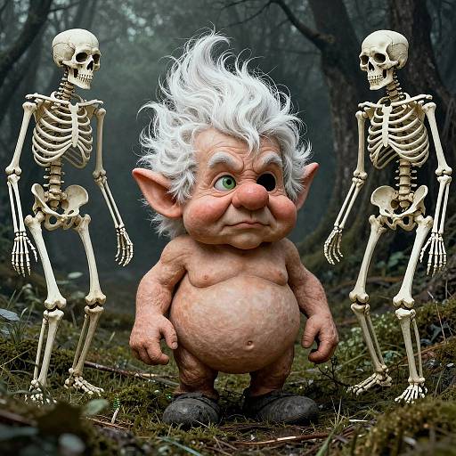 Photorealistic CGI of a chubby, white-haired, pointy-eared goblin with green eyes, standing in a forest, flanked by two