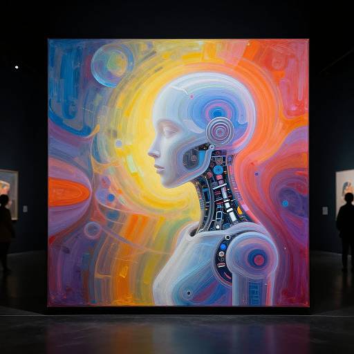 Vibrant digital painting of a robotic woman with exposed mechanical neck and head, set against a swirling, colorful abstract background.