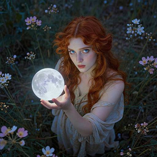 Photograph of a fair-skinned, red-haired woman with blue eyes, holding a glowing moon, surrounded by dark flowers in a nighttime meadow.