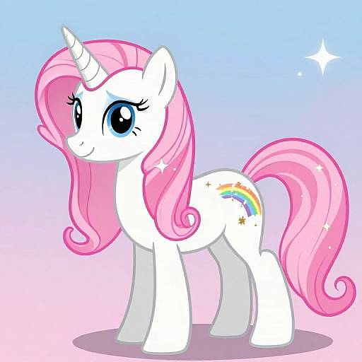 Digital drawing of a white unicorn with large blue eyes, pink mane and tail, and a rainbow star cutie mark on a gradient blue to pink background