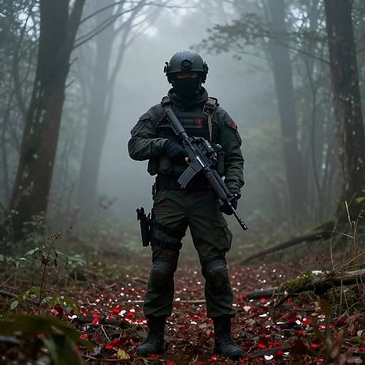 Photograph of a heavily armed soldier in camouflage gear, helmet, and mask, standing in a misty forest with red and white mushrooms on the forest