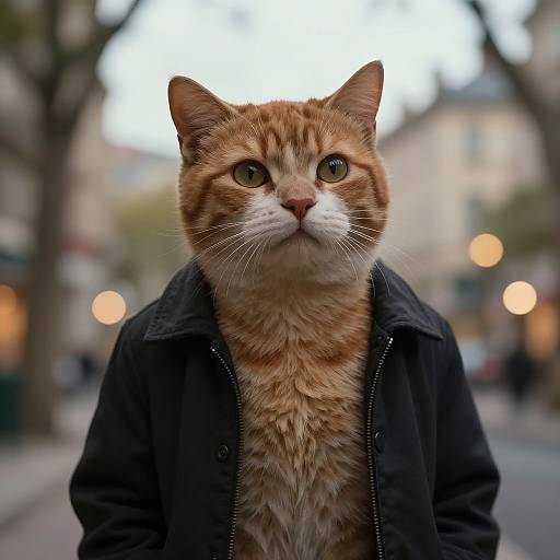 Photograph of a curious orange tabby cat with white chest markings, wearing a black jacket, standing on a blurry urban street with bokeh lights in