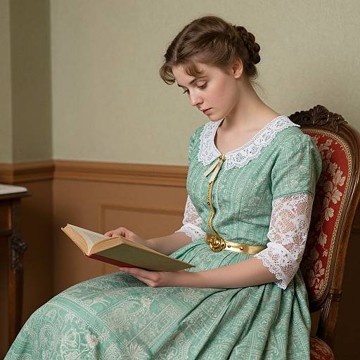 Photograph of a young woman with fair skin and brown hair in a Victorian-style green dress with white lace, reading a book while seated on an orn