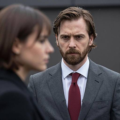 Serious Man in Gray Suit Looking at Woman