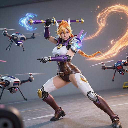 Digital artwork of a fierce, blonde, anime-style female warrior with fox ears, glowing blue and orange energy weapons, and armored outfit, surrounded by drones