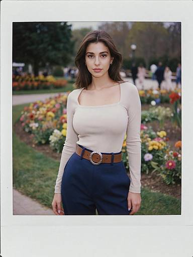 Photograph of a young woman with long brown hair, wearing a white long-sleeve top, black high-waisted pants, and brown belt