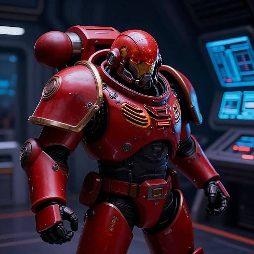Photorealistic CGI of a red, armored, futuristic space soldier with gold accents and a helmet, standing in a dimly lit, high-tech control