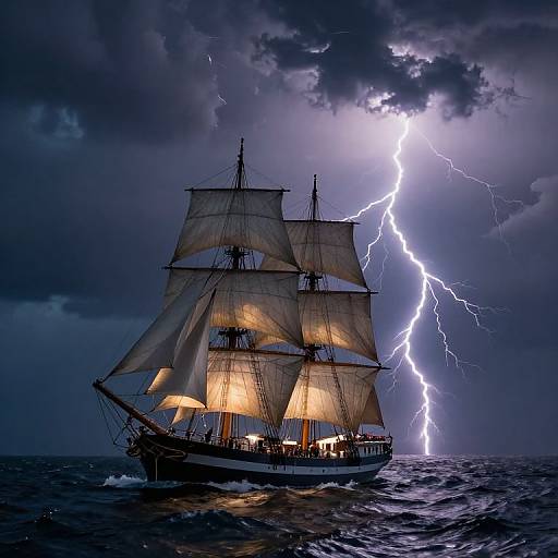 Photograph of a historic sailing ship with lit sails, surrounded by dark stormy sea, and struck by vivid lightning bolts in a dramatic, cloudy night