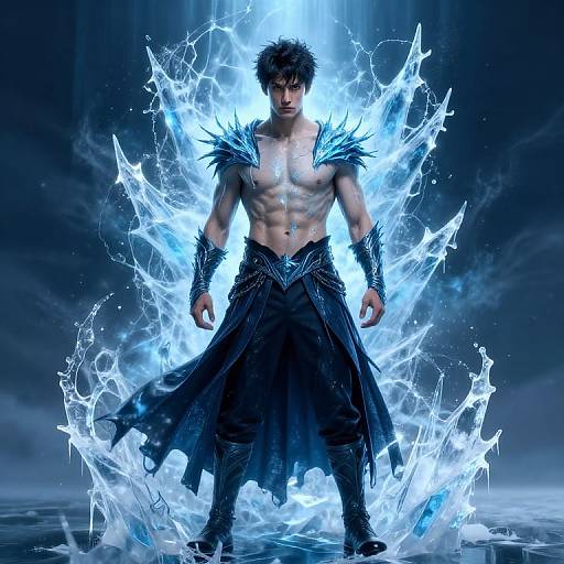 Muscular, shirtless man with spiky hair and dark pants, surrounded by glowing blue electricity. Dark background, intense light, fantasy style.