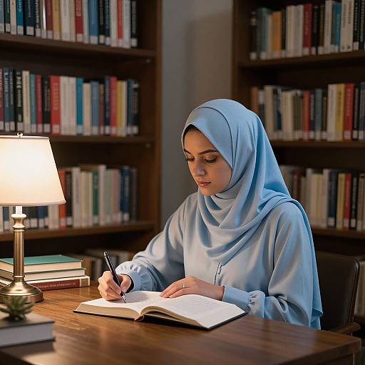 Photograph of a young woman with light brown skin, wearing a light blue hijab and long-sleeve shirt, writing in a notebook at a