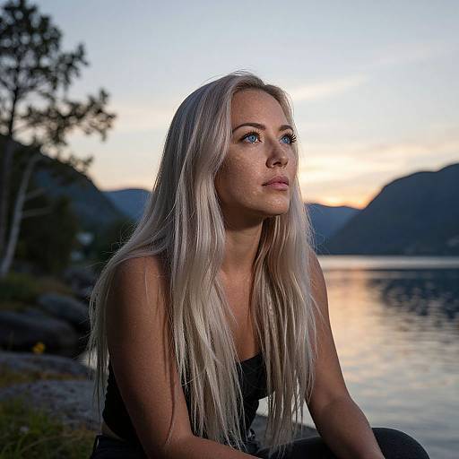 Photograph of a blonde woman with long hair, blue eyes, and fair skin, sitting by a serene lake at sunset, mountains and trees in the