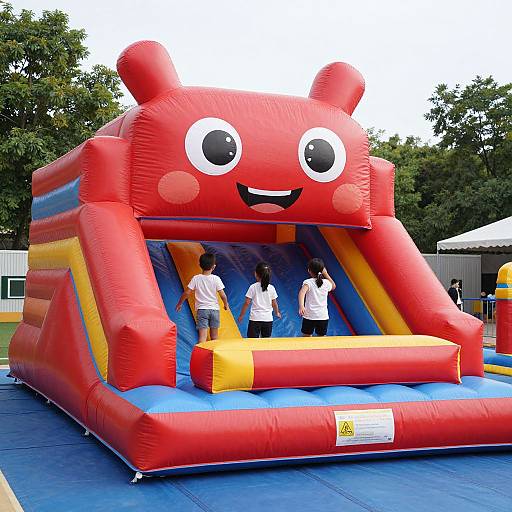 Photograph of a red, cartoon bear-shaped inflatable bouncy castle with three children inside, wearing white shirts and blue shorts, surrounded by blue matting