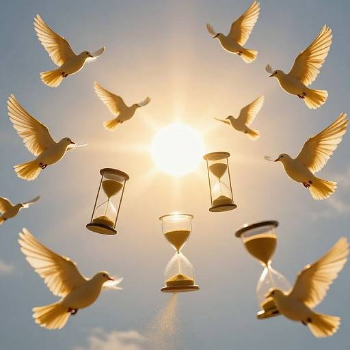 Photograph of golden doves circling a sunlit sky, with two hourglasses at the center, creating a celestial, timeless atmosphere.