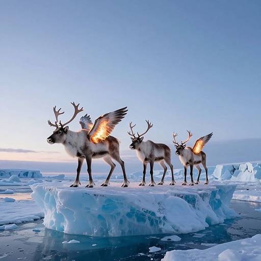 Photograph of three mythical reindeer with glowing orange wings standing on a floating ice platform in a icy, blue-hued Arctic landscape.