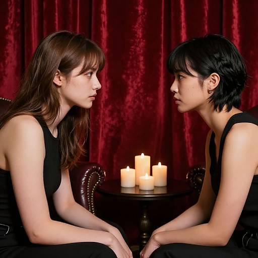 Photograph of two women in black tank tops, facing each other, seated before lit candles on a wooden table, against red velvet curtains. Intense