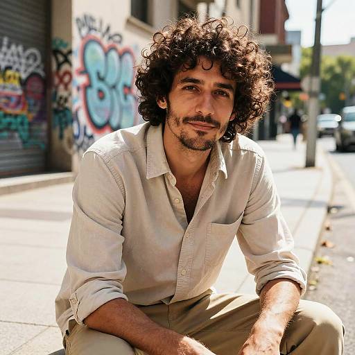 Photograph of a curly-haired, bearded man with olive skin, wearing a white button-up shirt and beige pants, sitting on a sunlit urban