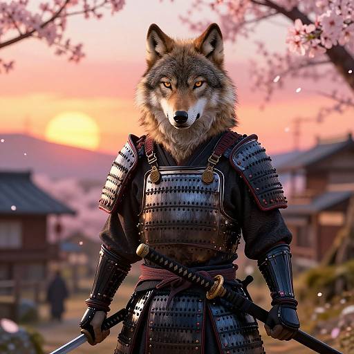 Samurai Wolf Among Cherry Blossoms
