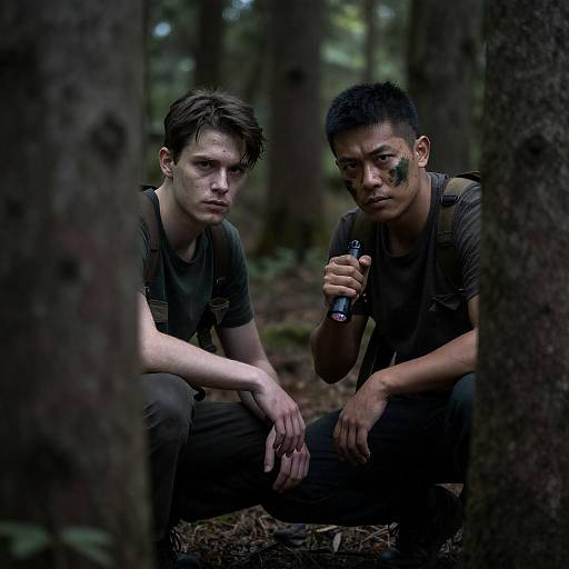 Two Men Crouching in Forest with Flashlight