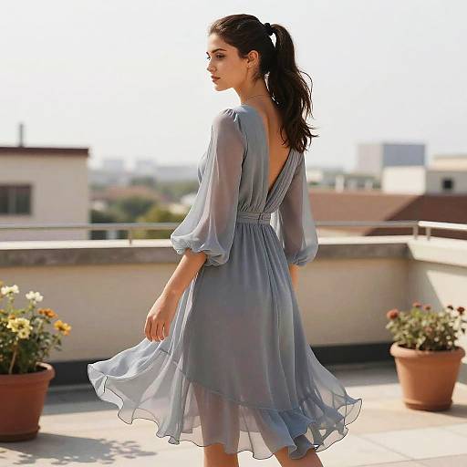 Photograph of a woman with dark hair in a ponytail, wearing a sheer, blue, backless dress, standing on a sunlit rooftop with