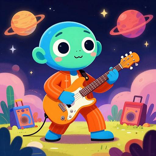 Cartoon blue alien with large eyes, wearing orange jumpsuit, plays electric guitar under a starry night sky with planets and cacti.