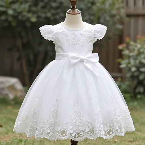 Photograph of a white lace children's dress on a mannequin, displayed outdoors on a grassy lawn with a wooden fence background.
