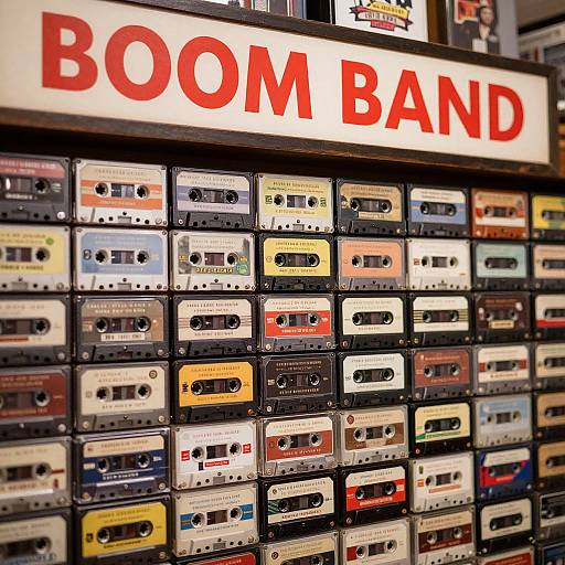 Photograph of a store shelf displaying numerous colorful cassette tapes in rows, with a large white sign above reading 