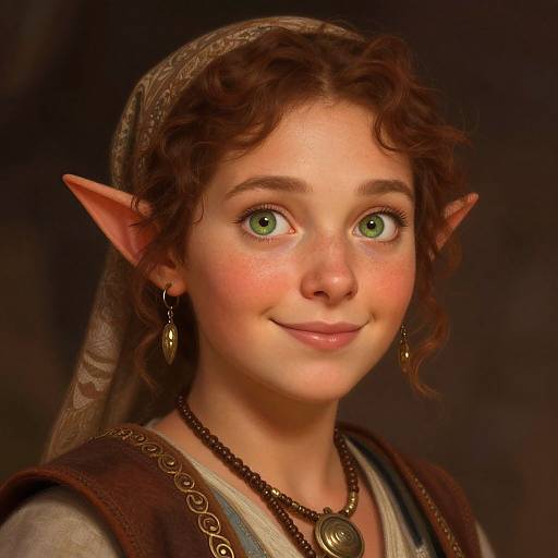 Digital portrait of a young, green-eyed, fair-skinned elf girl with curly brown hair, pointed ears, wearing a headscarf, earrings,
