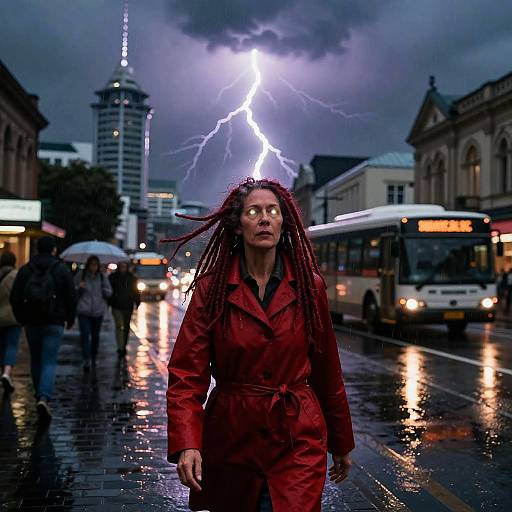 Woman with Red Dreadlocks in Lightning Storm on Queen Street Auckland