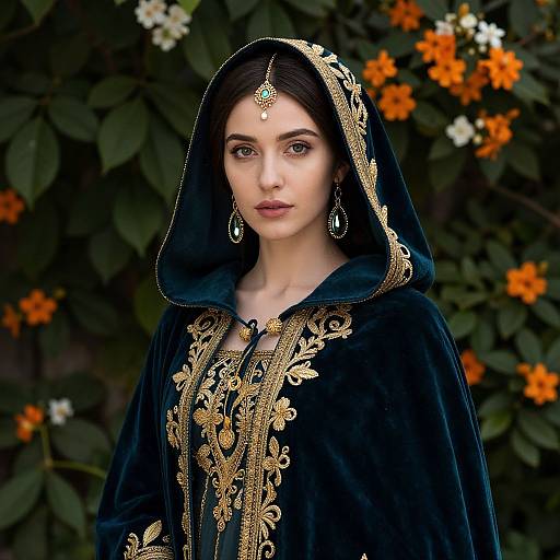 Photograph of a fair-skinned woman with dark hair, wearing an ornate black velvet hijab and cloak adorned with gold embroidery, standing against a