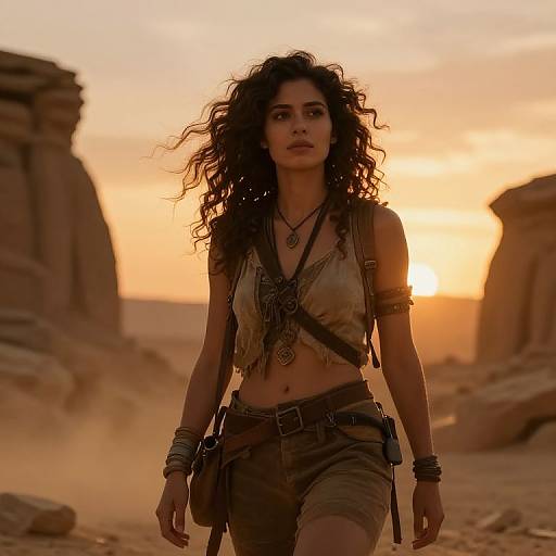 Photograph-style CGI of a curly-haired woman in a desert sunset, wearing a tattered top, arm bands, and shorts, with a determined expression