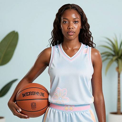 Photograph of a young Black woman with wavy hair in a white basketball jersey and shorts, holding a Spalding basketball, against a light blue