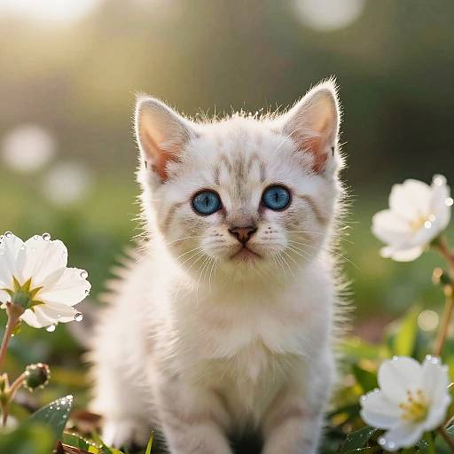 Photograph of a fluffy, white kitten with striking blue eyes, surrounded by glowing white flowers in a sunlit garden.