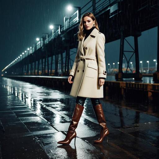 Woman in Beige Coat and Brown Boots at Rainy Industrial Pier