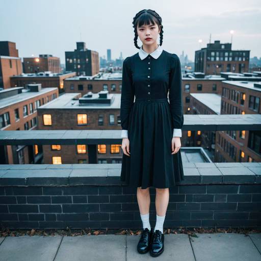 Woman in Wednesday Addams Outfit on Urban Rooftop