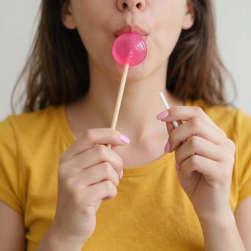 Photograph of a woman with light skin and brown hair, wearing a yellow shirt, sucking a pink, swirled lollipop with pink nails.
