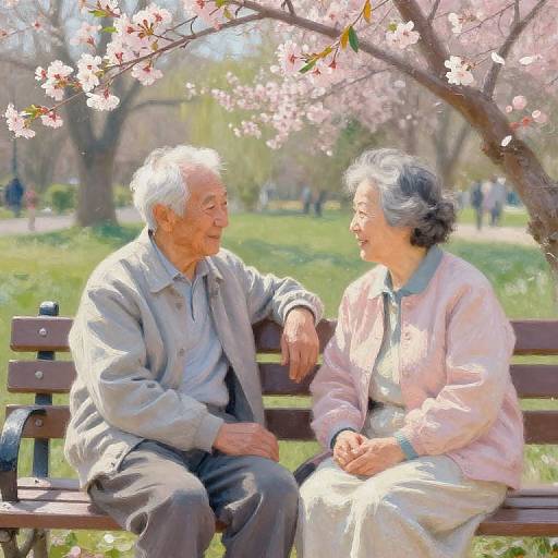 Photograph of elderly couple sitting on a park bench under blooming cherry blossoms, smiling at each other, with sunlight filtering through.