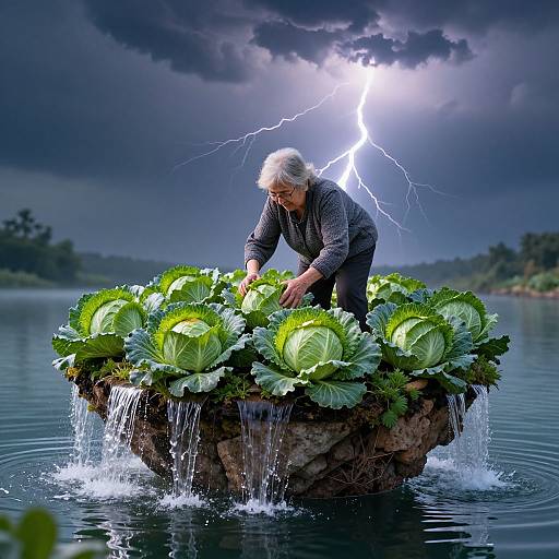 Photograph of an elderly man with gray hair, wearing a gray shirt, tending to green cabbages on a floating rock in a stormy