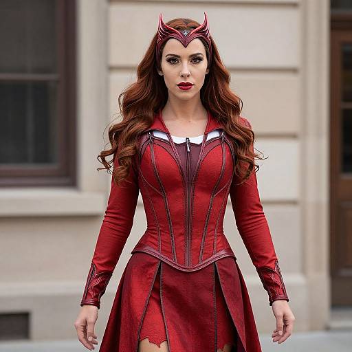 Photograph of a woman with long brown hair, wearing a red devil costume with horns, corset, and skirt, standing in front of a beige