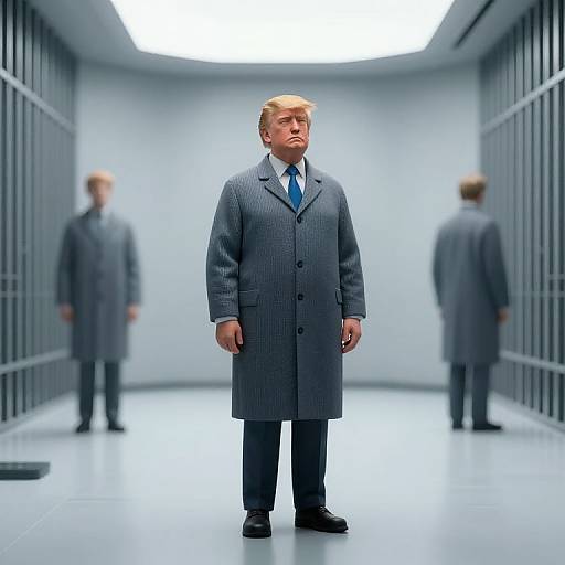 Photograph of a large, realistic, 3D model of a man in a gray pinstripe overcoat and blue tie, standing in a