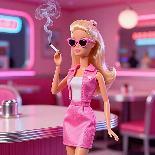 Blonde doll in pink sunglasses and matching vest and skirt, smoking a cigarette in a neon-lit 50s-style diner.