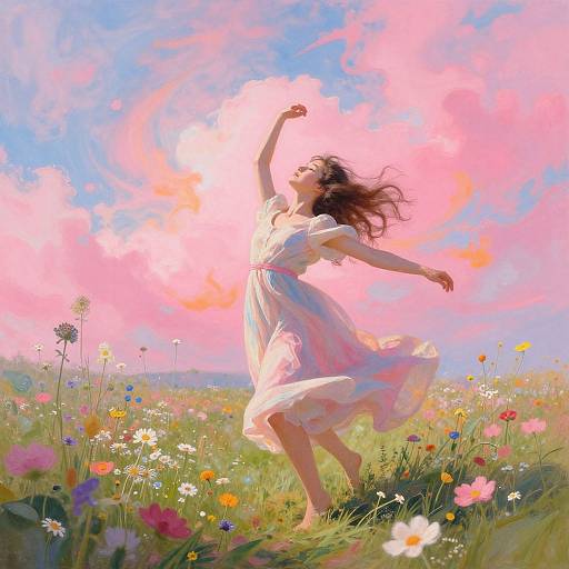 Digital painting of a joyful woman in a flowing white dress dancing in a vibrant meadow of colorful flowers under a pink and blue sky.