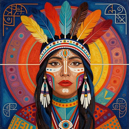 Digital art of Native American woman with colorful feathers, intricate face paint, and vibrant traditional attire, set against a vivid, circular, patterned background.