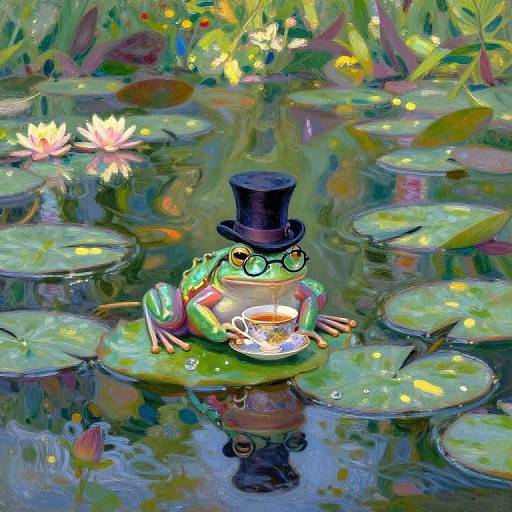 Whimsical digital painting of a frog in a top hat, glasses, and tea set on a lily pad pond with colorful flowers and reflections.