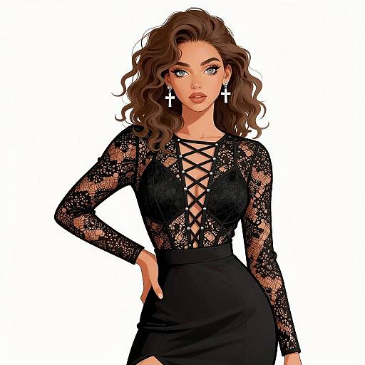 Elegant Woman in Black Lace Dress